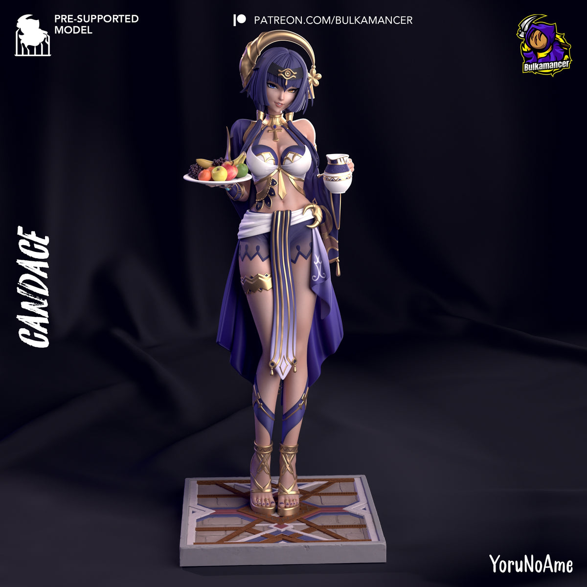 Painted Candace from Genshin Impact resin figure holds fruit and a cup on a sculpted base.