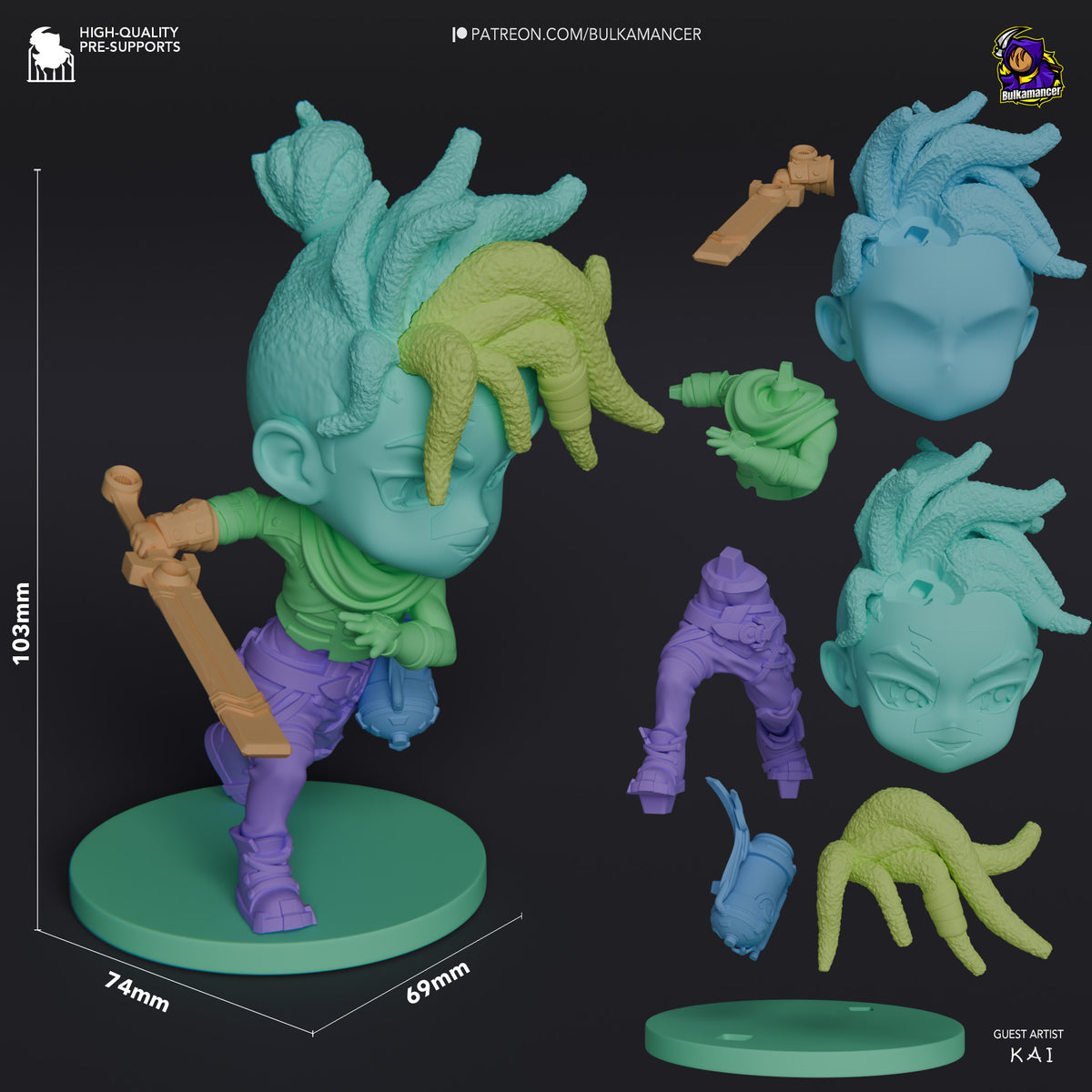 Ekko resin Chibi figure from Arcane shown at 103mm height with assembled painted body, interchangeable heads, hands, and accessories on green base.