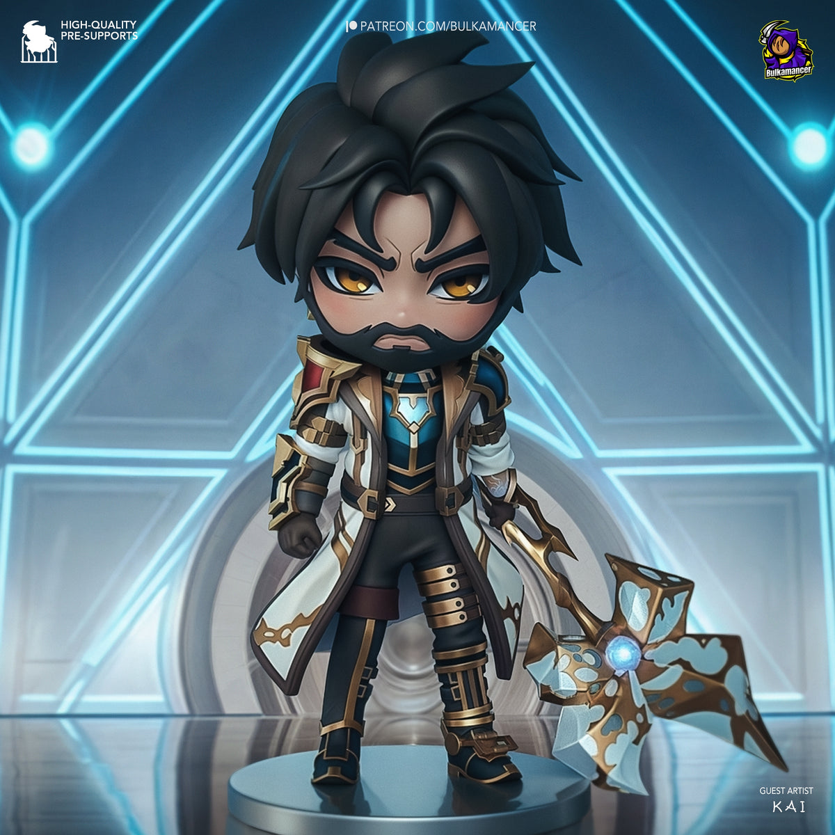 Jayce from Arcane as a painted resin Chibi figure facing forward on a blue base, wearing his gold and black coat with hextech hammer accessory against a glowing geometric backdrop.
