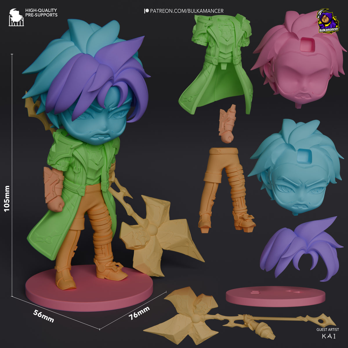 Jayce resin Chibi figure from Arcane shown at 105mm height with painted torso, interchangeable heads, weapon parts, and base on scale grid.