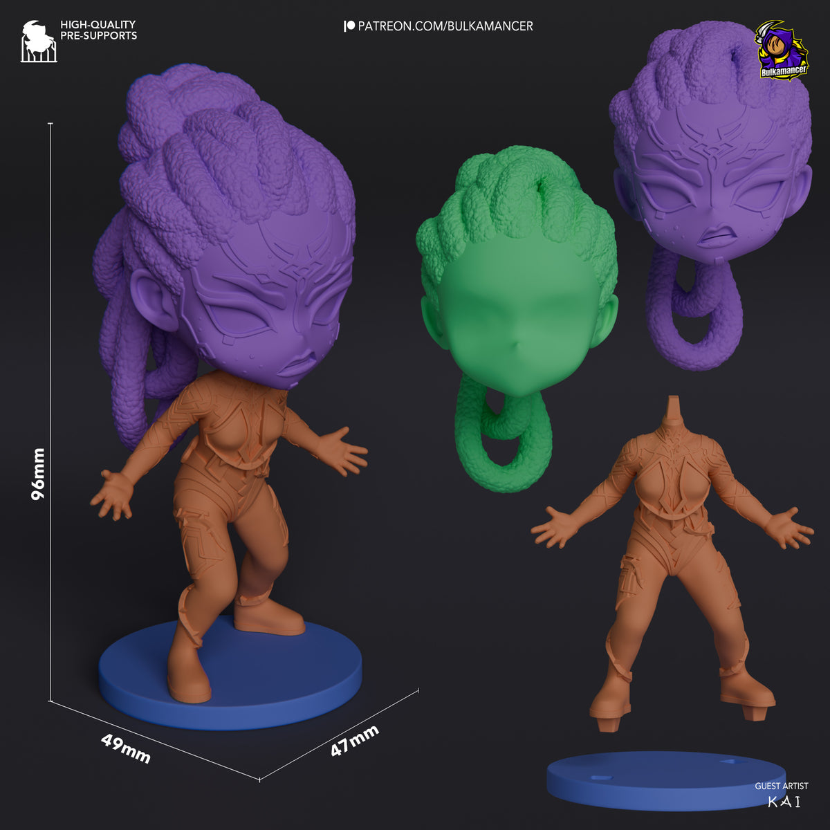 Mel from Arcane resin Chibi figure shown at 96mm scale with multiple angles: full painted figure on base, unpainted body, green head detail, and purple head variants.