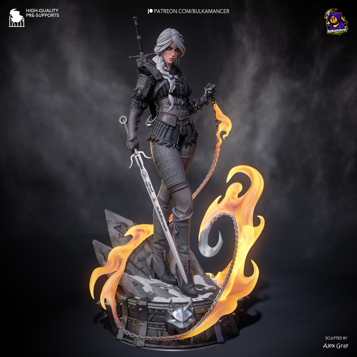 Ciri from The Witcher stands posed on a flaming base, holding a sword and dagger, wearing detailed armor, painted resin figure by Bulkamancer.