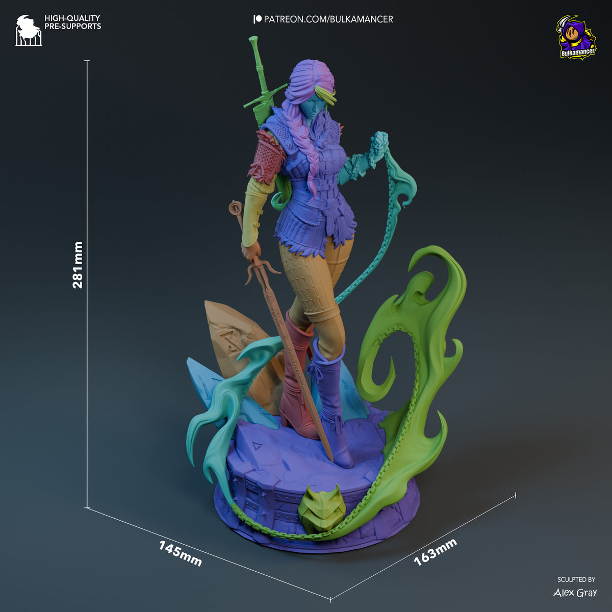 Ciri resin figure at scale angle showing 281mm height, colorful paint job, dynamic pose with sword and staff on ornate base.