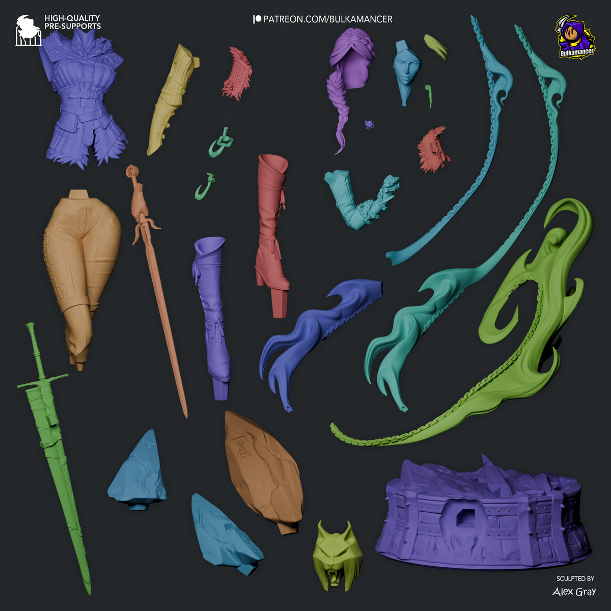 Ciri resin figure parts laid flat: painted torso, head, and limbs in purple, blue, and tan; unpainted accessories including weapons, hair, and a purple castle base.