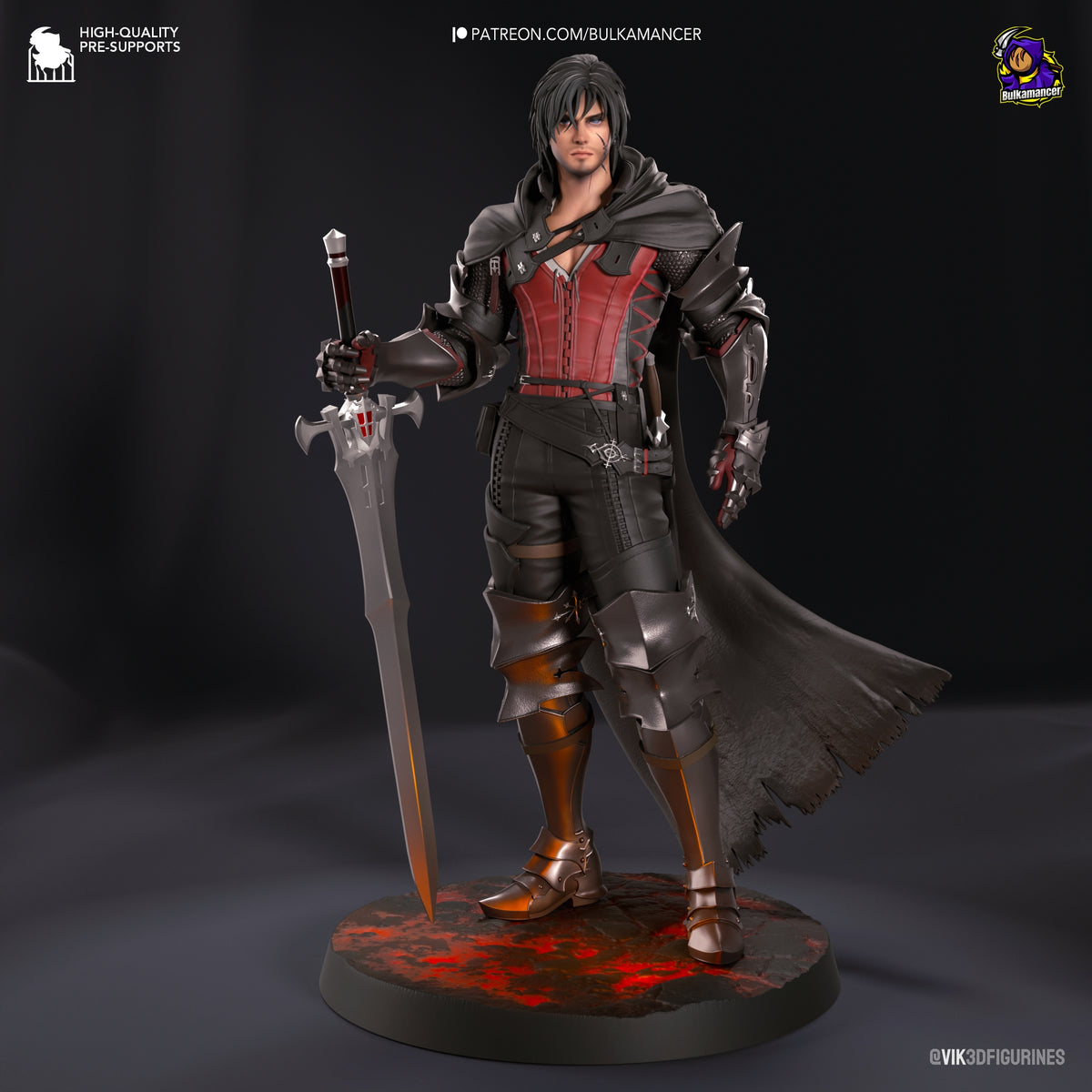 Painted resin figure of Clive Rosfield from Final Fantasy stands front-facing with sword and cape on a lava base.
