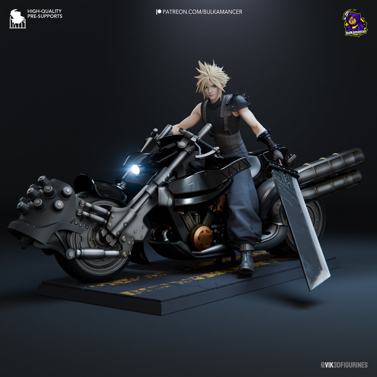 Front painted resin figure of Cloud Strife on Hardy Daytona from Final Fantasy with sword, base.
