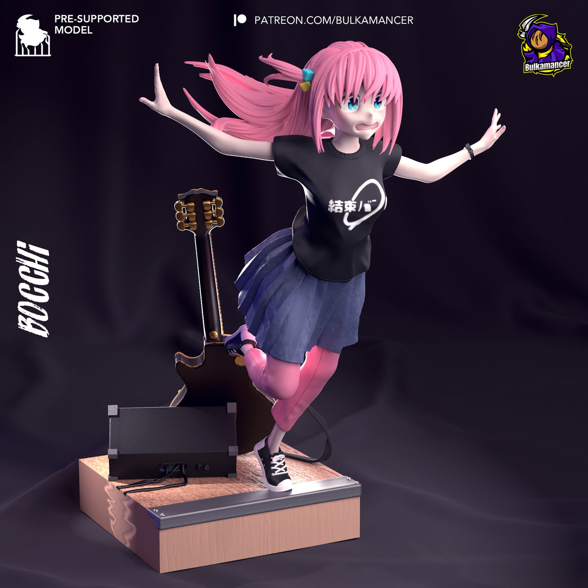 Hitori Gotoh from Bocchi the Rock stands on a sculpted stage with arms outstretched and guitar.