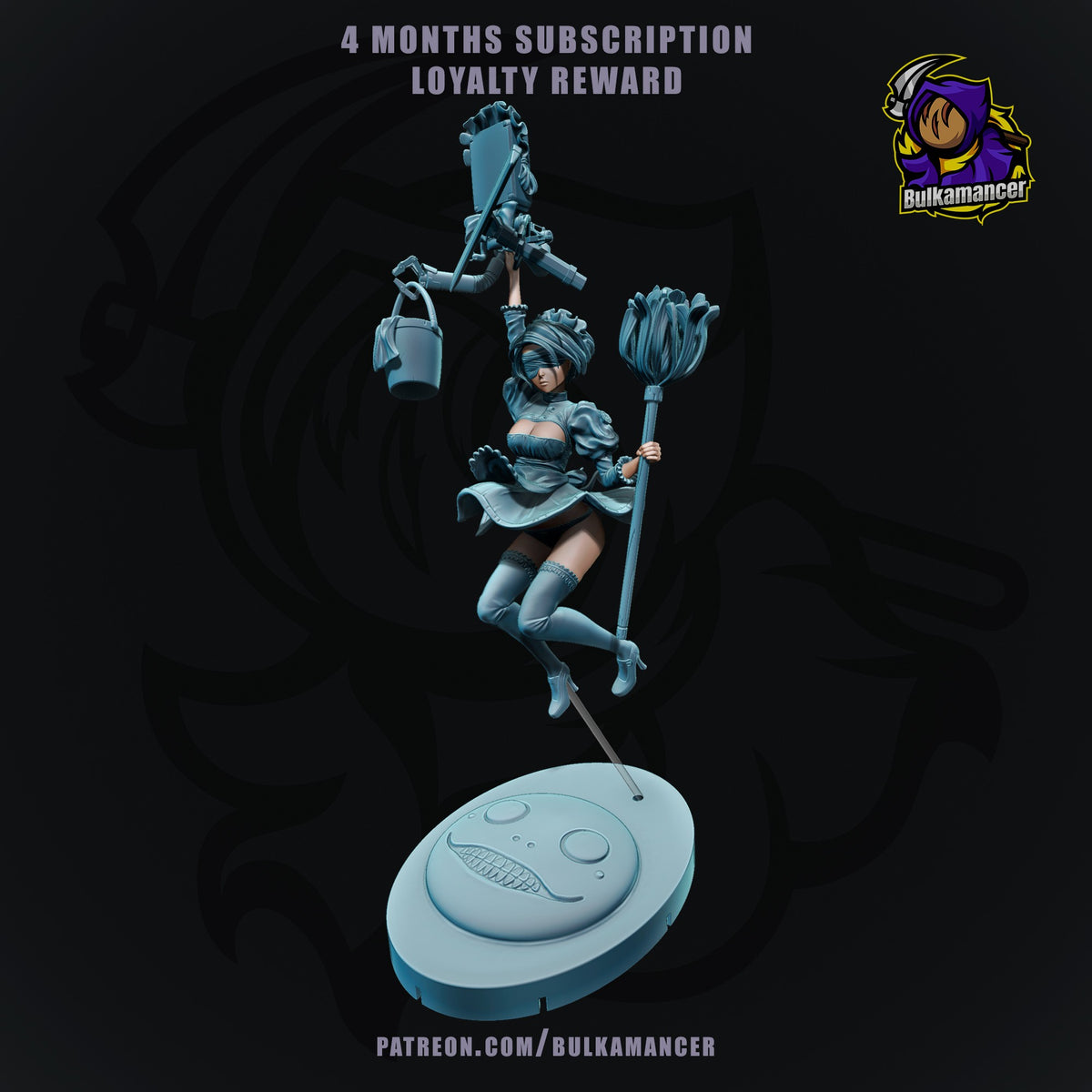 2B Maid resin figure from NieR: Automata in light blue, posed mid-jump on oval base, holding broom and bucket, full-body beautyshot by Bulkamancer.