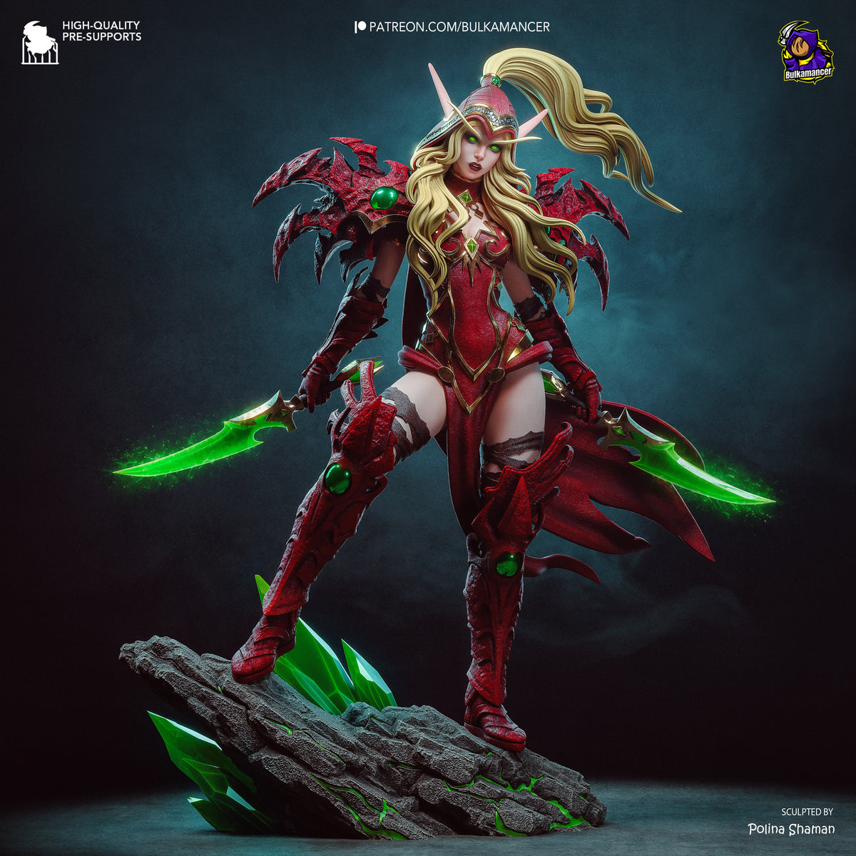 Valeera Sanguinar resin figure in dynamic combat pose with dual glowing green daggers, red armor, blonde hair, horns, standing on rocky base with crystalline accents.