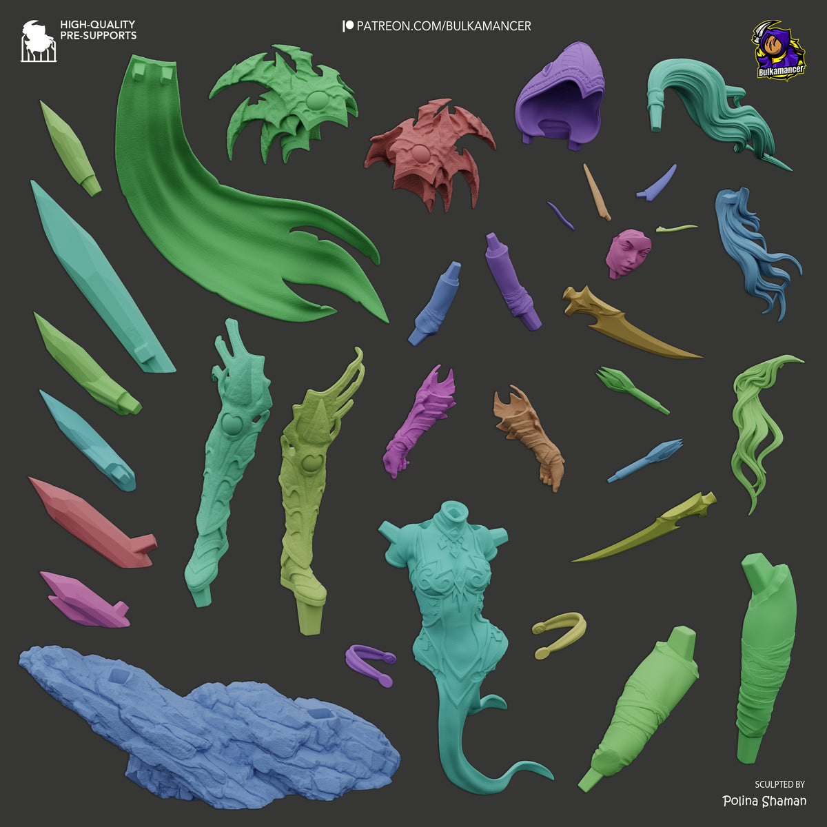 Valeera Sanguinar resin figure parts kit displayed flat, showing painted components in green, blue, purple, and teal including torso, head, weapons, and accessories against dark background.