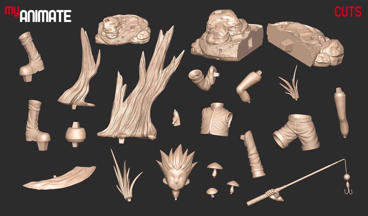 Unpainted Gon from Hunter x Hunter resin figure parts are arranged flat, including clothing, boots, hair, and base cuts.