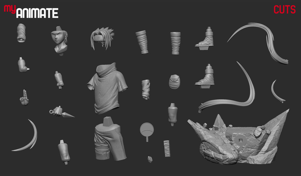 Unpainted Brooding Ninja from Naruto resin figure parts are arranged beside a sculpted base.