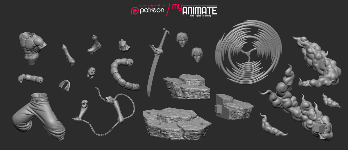 Unpainted resin figure parts for Toji from Jujutsu Kaisen displayed in grayscale: torso, limbs, heads, accessories, rocky bases, and abstract sculptural elements arranged against dark background.