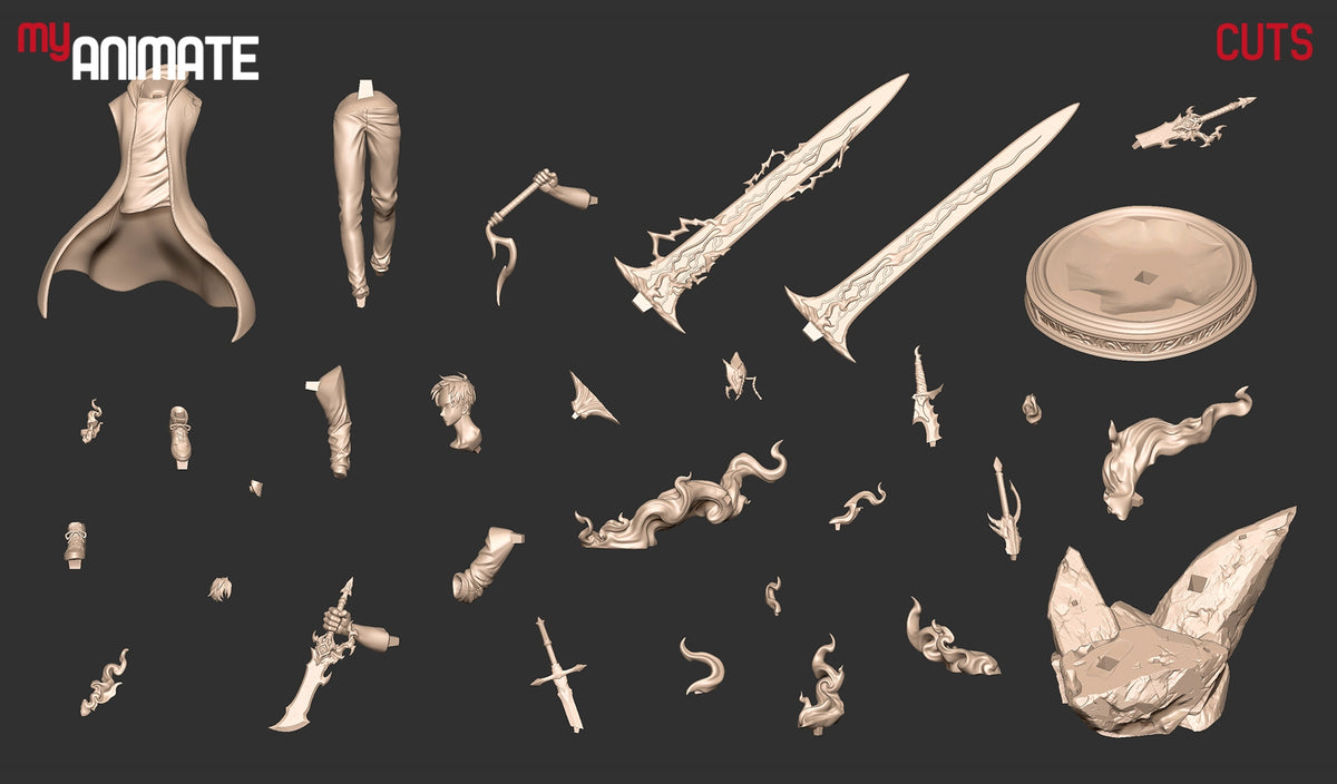 Unpainted Jinwoo from Solo Leveling resin figure parts, weapons, clothing, and sculpted bases arranged separately.