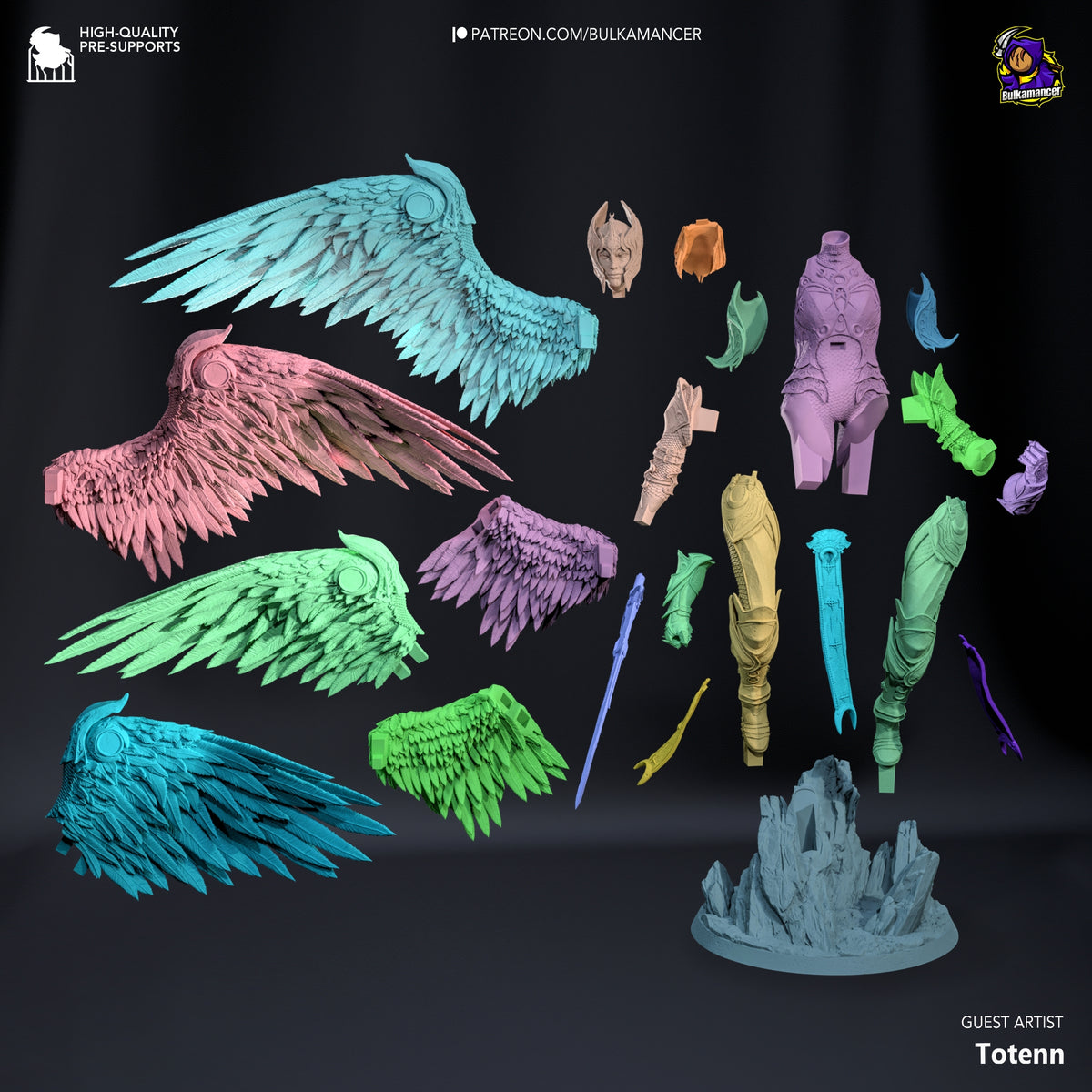 Dame Aylin from Baldur's Gate resin figure appears as unpainted parts with wings and rocky base.