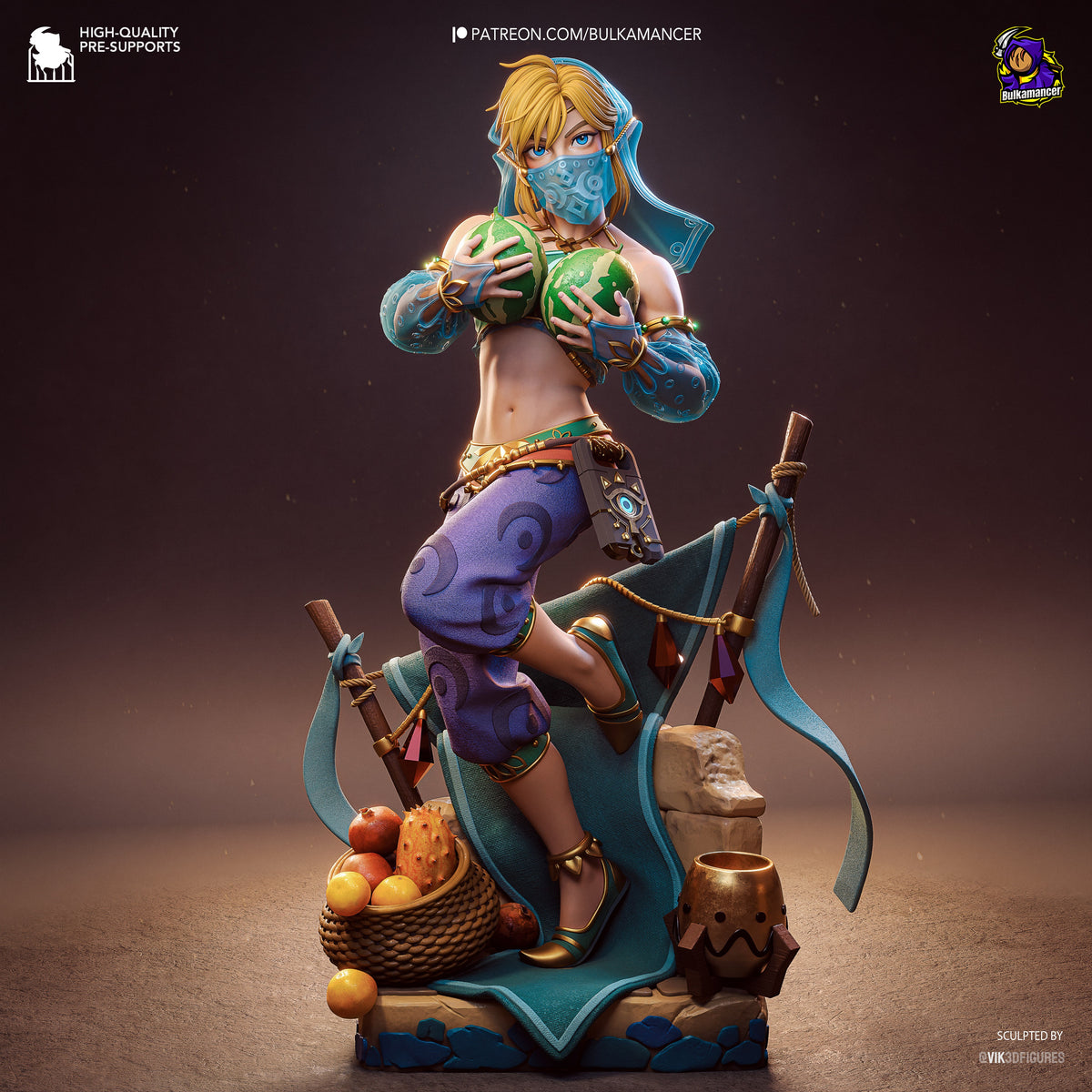 Lync from Tales of Daelz resin figure posed frontally, holding green orbs, wearing blue mask and purple leg guards, standing on decorative base with fruit basket.