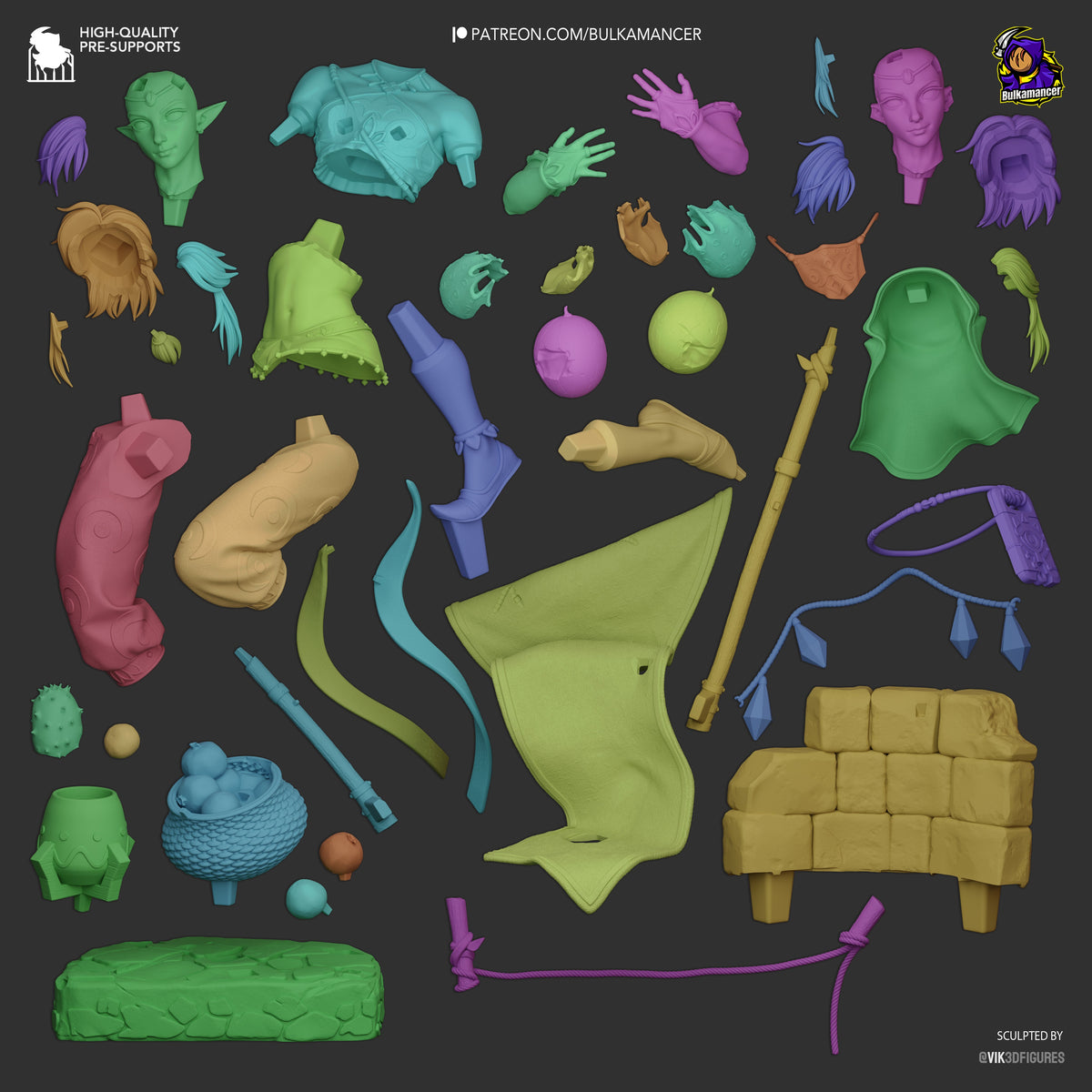 Lync from Tales of Daelz resin figure parts laid out flat, showing painted head, torso, limbs, accessories, base and unpainted components in green, blue, purple and tan colors.