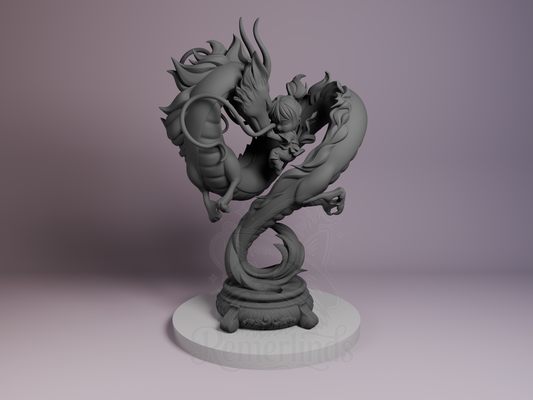Chihiro and Haku Spirit Voyage 3D printed resin Chibi by Nomnom Figures, unpainted front view showing dynamic dragon swirl composition.