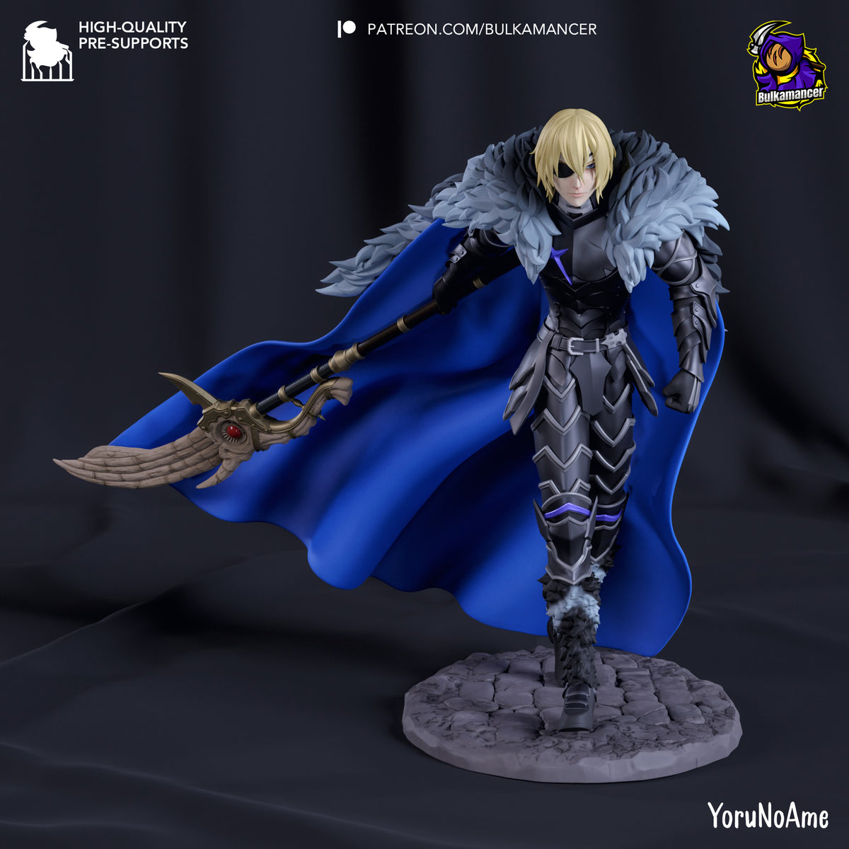 Front-facing painted Azure Regent resin figure from Fire Symbol holds a scythe on a stone base.