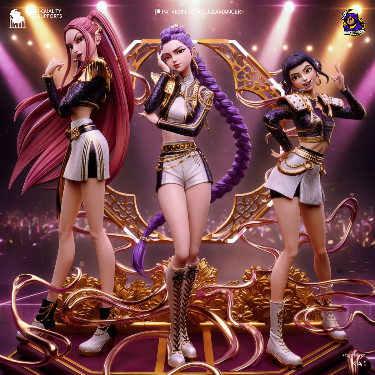 Painted resin diorama shows Mira, Rumi and Zoey from KPop Demon Hunters posed on a floral base.