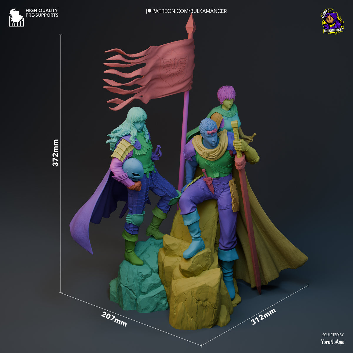 Casca, Griffith and Guts from Berserk pose on an unpainted sculpted rocky base in a 372mm resin diorama.