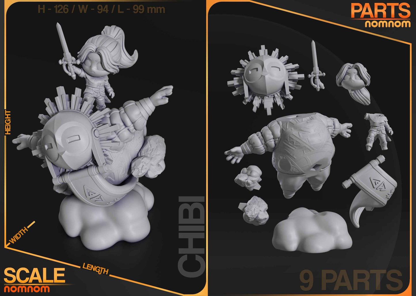 Parts and size reference image showing layout with characters, cloud base, and support structures.