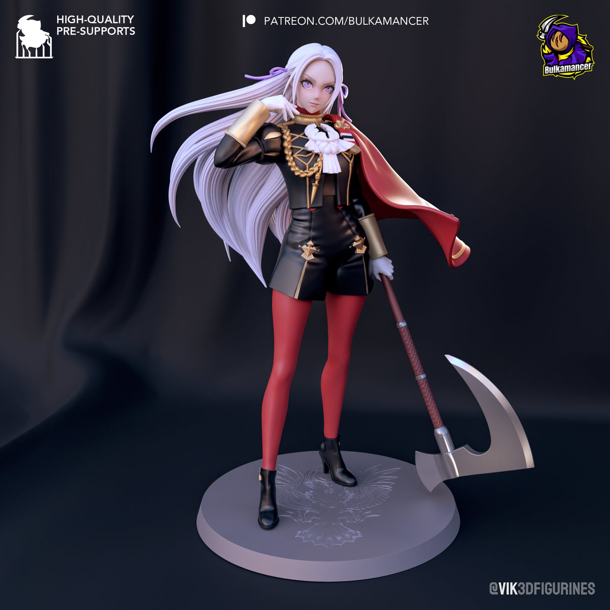 Crimson Scholar from Fire Symbol resin figure in dynamic pose, white hair flowing, black and gold outfit with red cape, holding large axe, painted details on circular base.