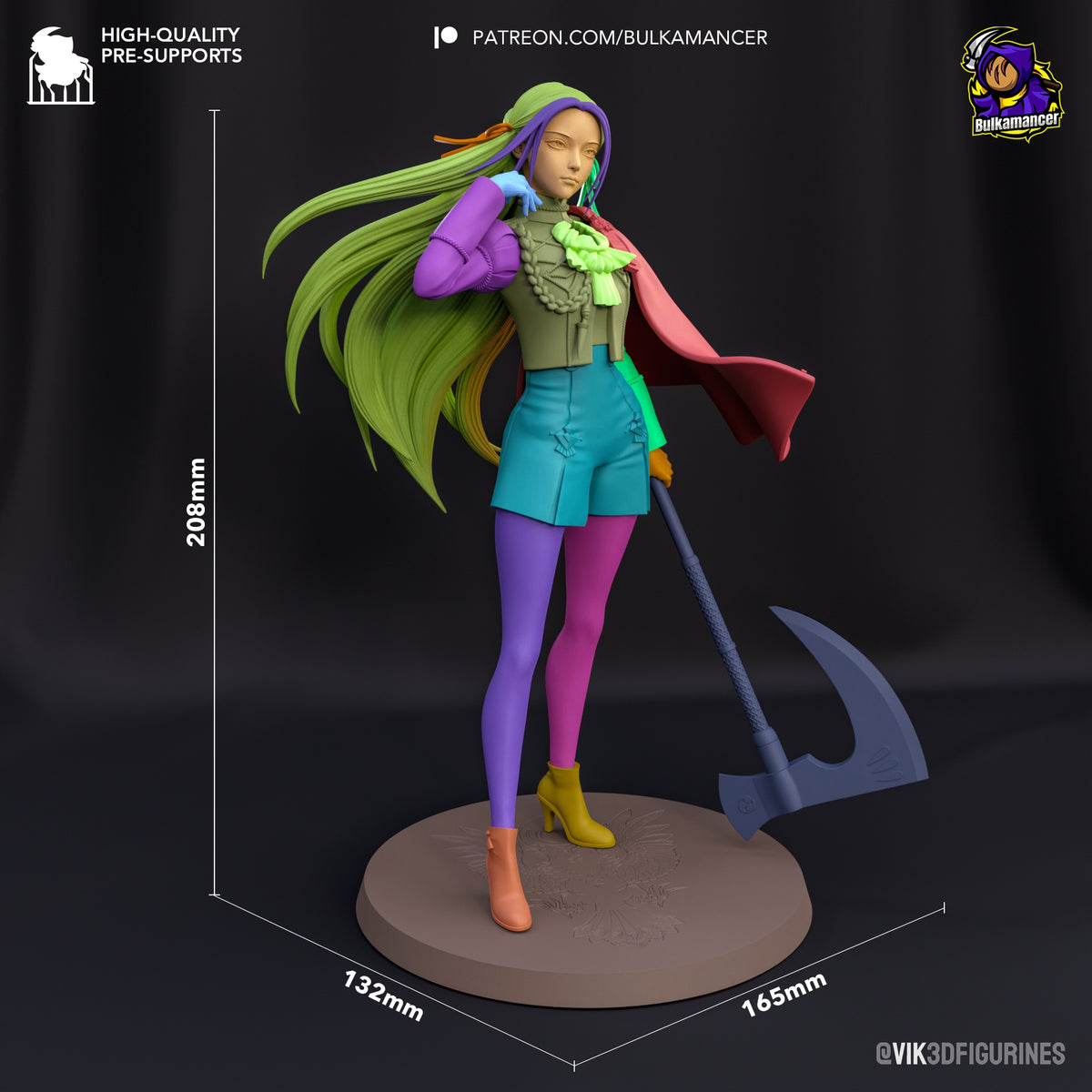 Crimson Scholar resin figure shown at 208mm height with colorful hair, purple gloves, teal shorts, and large axe on round base from side angle.