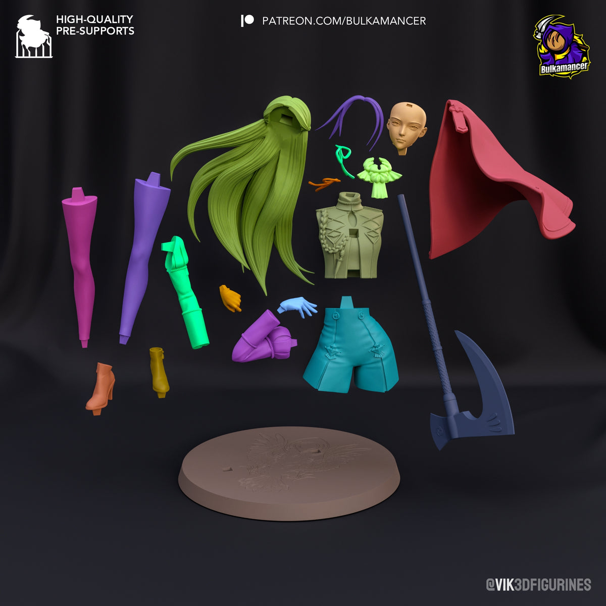 Crimson Scholar resin figure parts laid out on neutral base: green hair, torso, limbs, clothing pieces, staff, and cape in vibrant colors against dark background.
