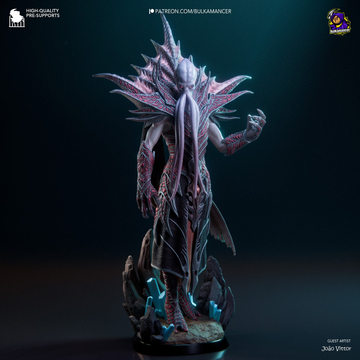 The Emperor resin figure from Baldur's Gate stands upright on a rocky base, displaying intricate pink and red painted details across wings, robes, and armor against a dark teal backdrop.