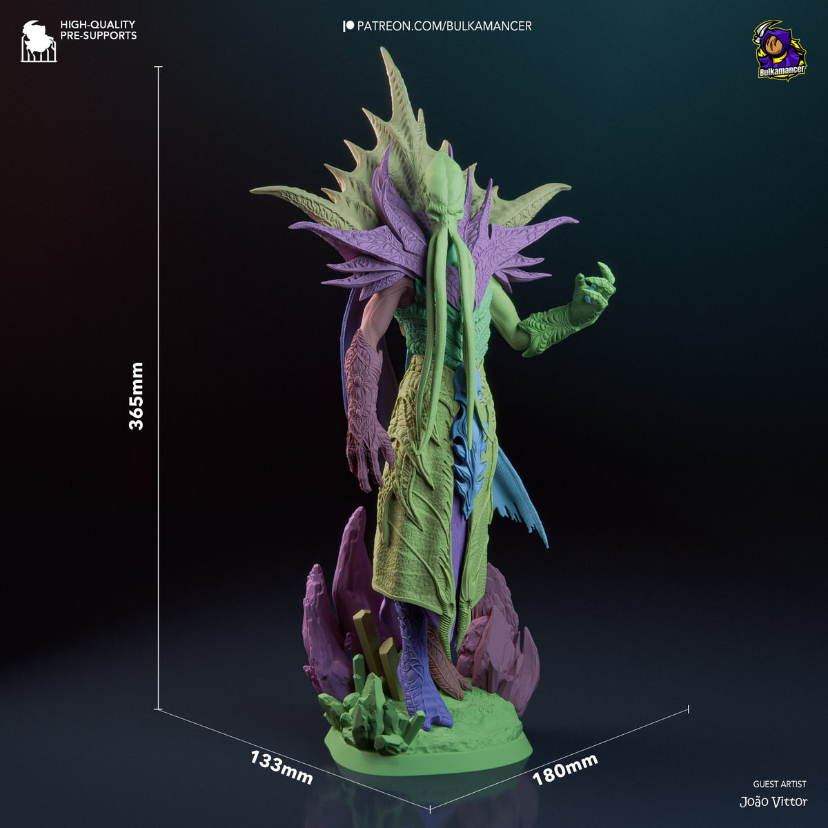 The Emperor resin figure from Baldur's Gate shown at full scale, 365mm tall, displaying intricate purple and green paintwork with spiked features and detailed base.