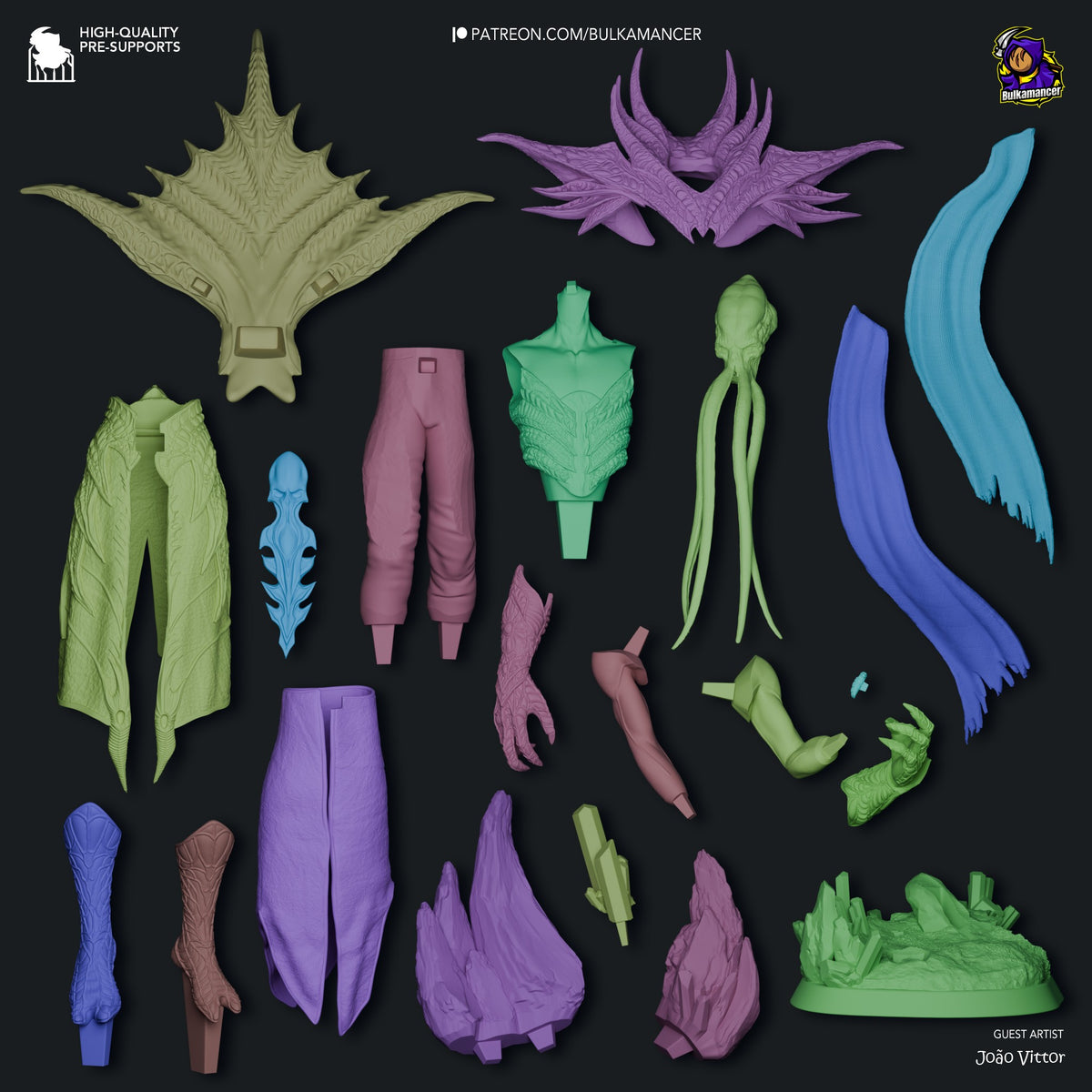 The Emperor from Baldur's Gate 3D printed resin figure parts laid flat, including horned head, tentacles, robes, limbs, wings, and base elements in green, purple, and blue.