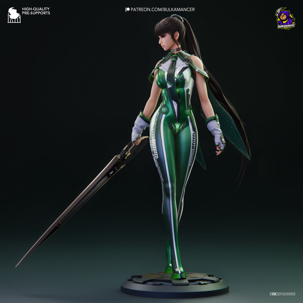 Painted Eve from Stellar Blade resin figure stands in profile on a sculpted base, sword drawn.