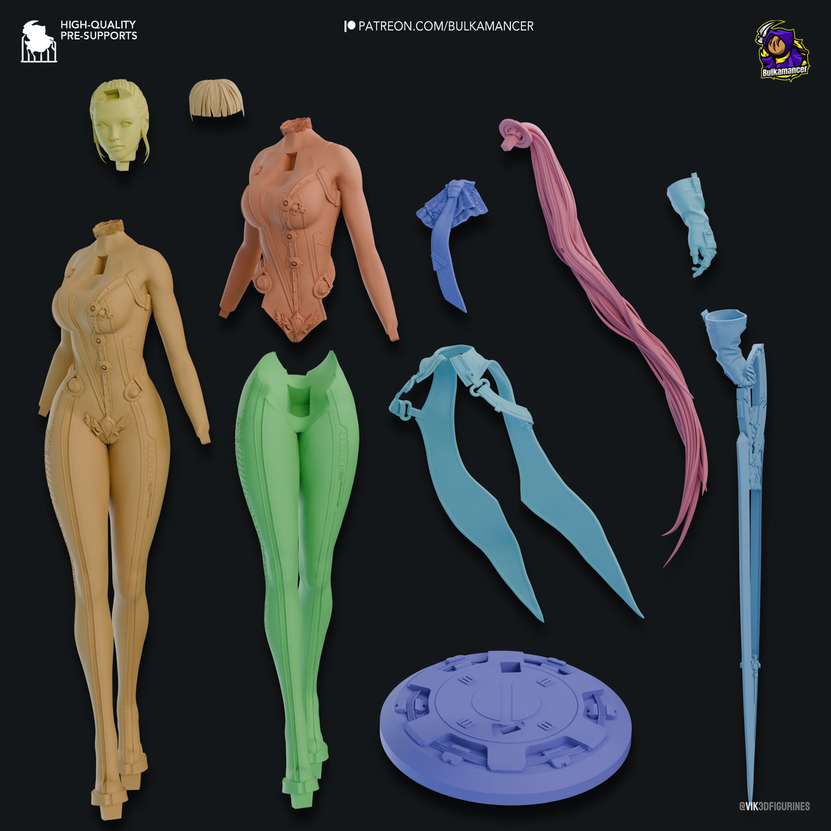 Unpainted Eve from Stellar Blade resin figure parts are arranged flat with a sculpted base.