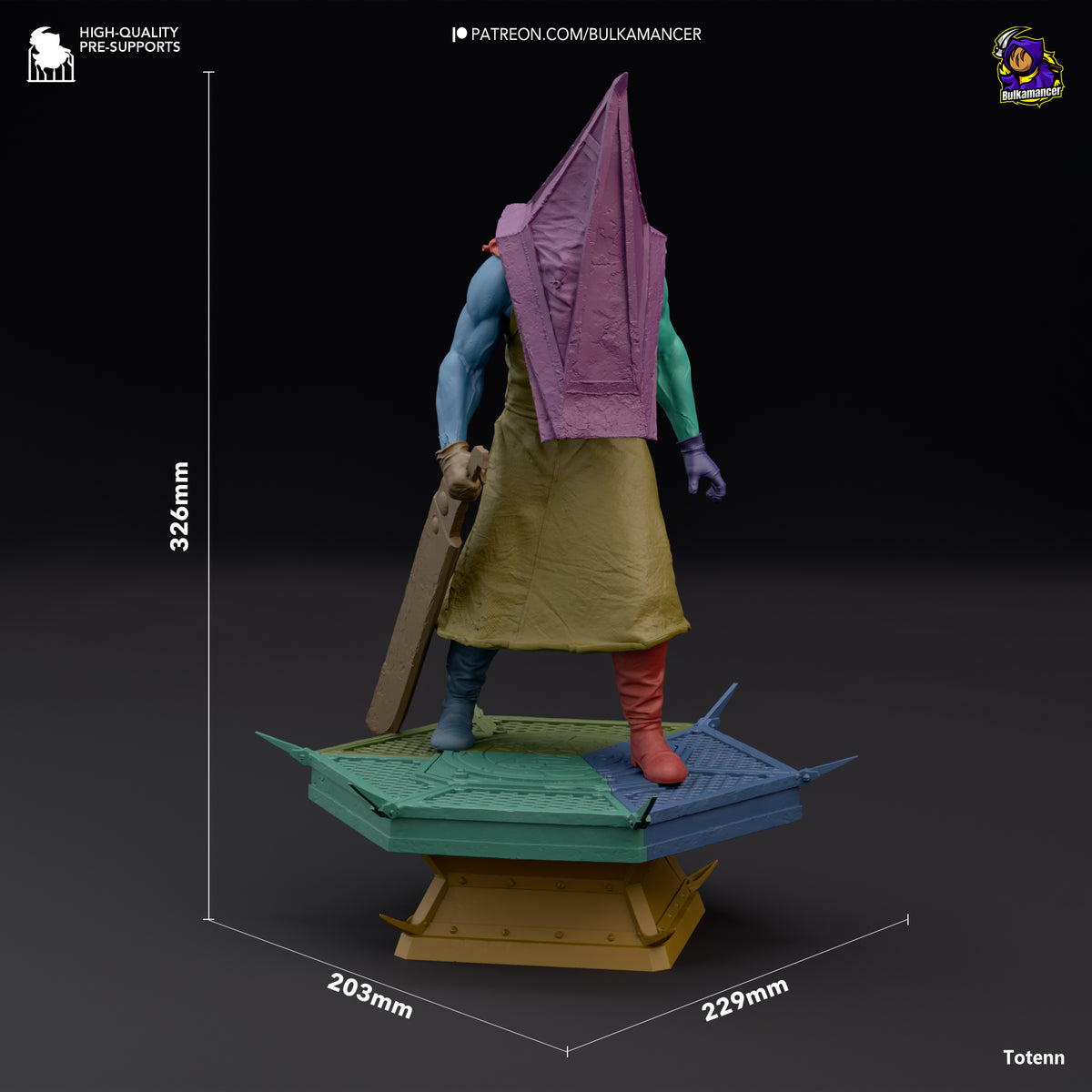 Pyramid Head resin figure from Silent Hill displayed at 326mm height, showing front three-quarter view with painted torso, cloth drape, and geometric base for scale reference.