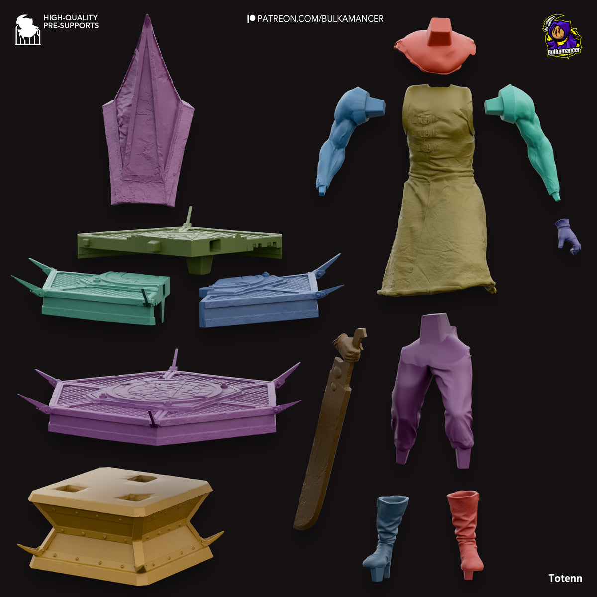 Pyramid Head resin figure parts laid out on black background showing painted clothing pieces, arms, legs, boots, weapons, and architectural terrain bases in purple, blue, yellow and green.