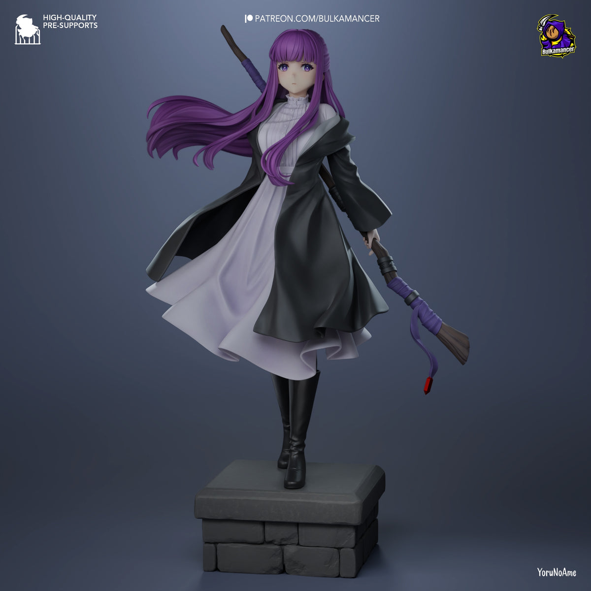 Painted resin figure of Fern from Frieren: Beyond Journey's End stands with staff on brick base.