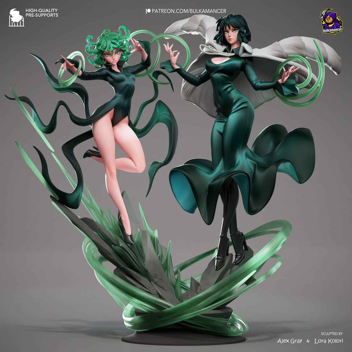 Two characters in green outfits posed dynamically on a shared base with swirling green effects, painted resin diorama from One Punch Man.