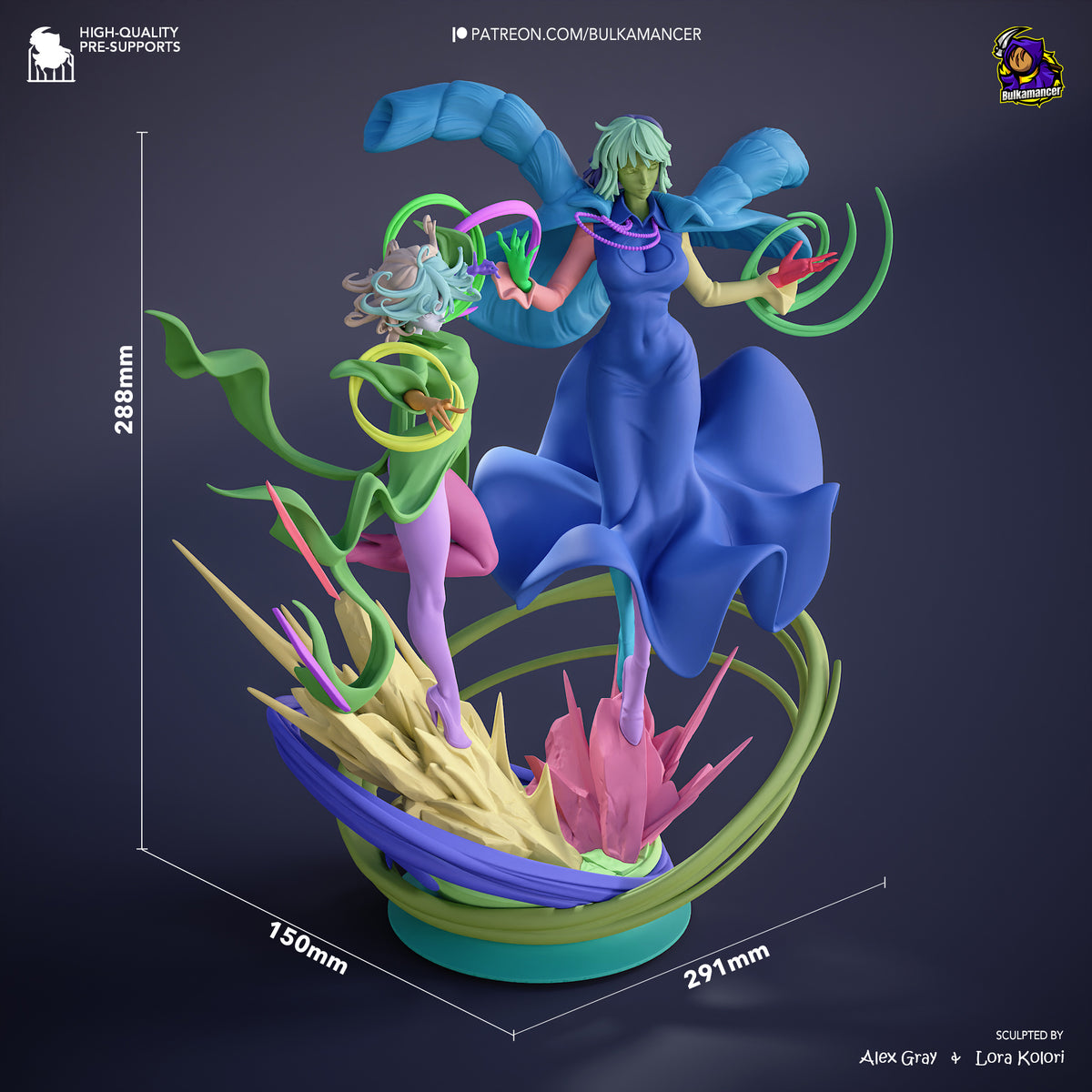 Fubaki resin figure shown at 288mm height with dynamic pose on colorful base, displaying detailed paint work and flowing green tentacle elements from One Punch Man.