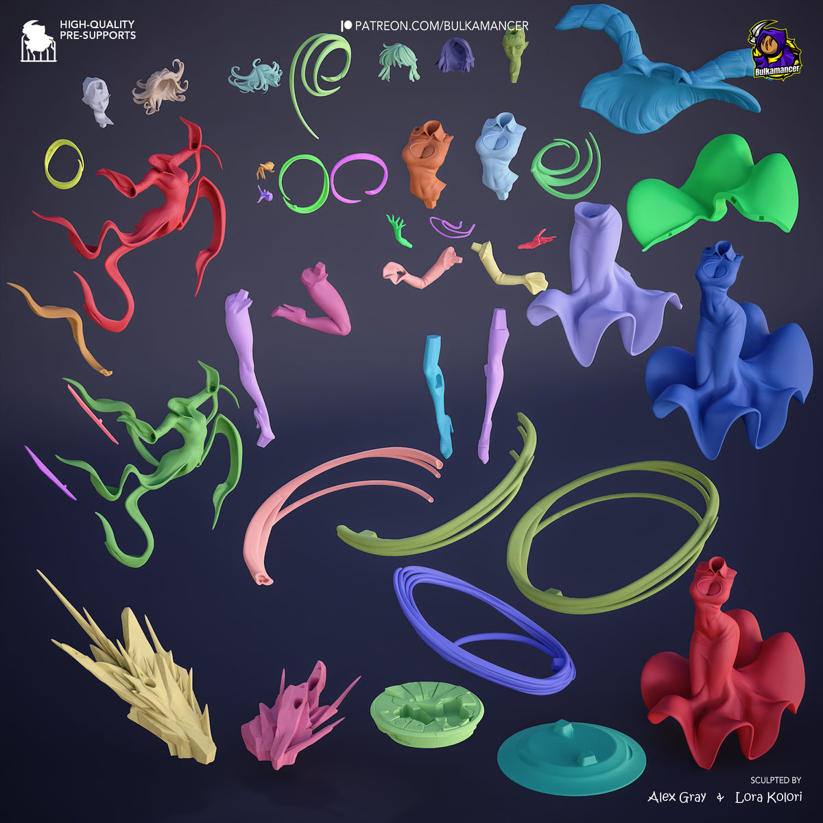 Tatsumaki resin figure parts display: painted components in vibrant colors and unpainted pieces arranged on dark background, showing all sculpted elements by Bulkamancer.