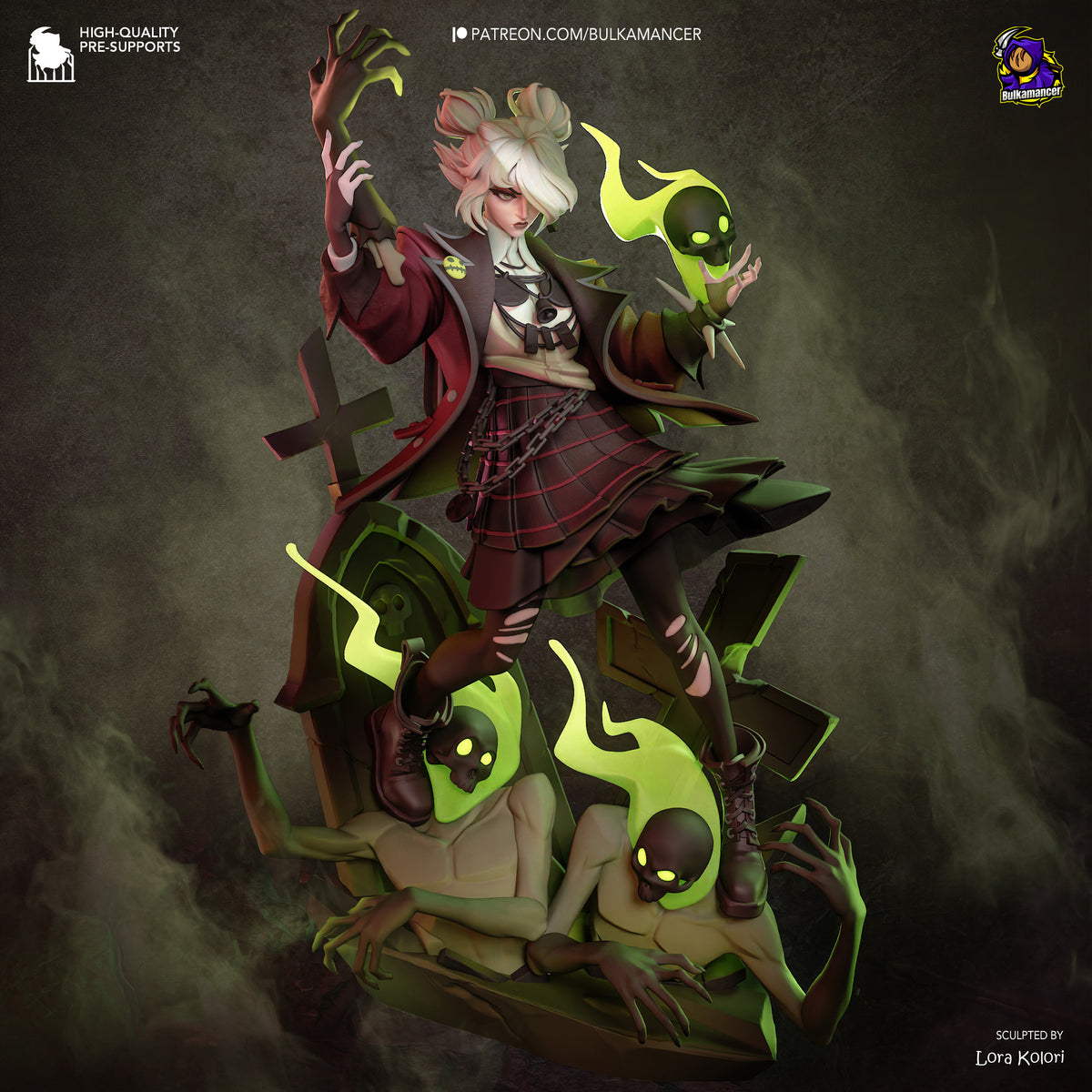 Painted Graves resin figure from Deadlock stands in a dynamic pose above two reclining undead figures on a sculpted base.