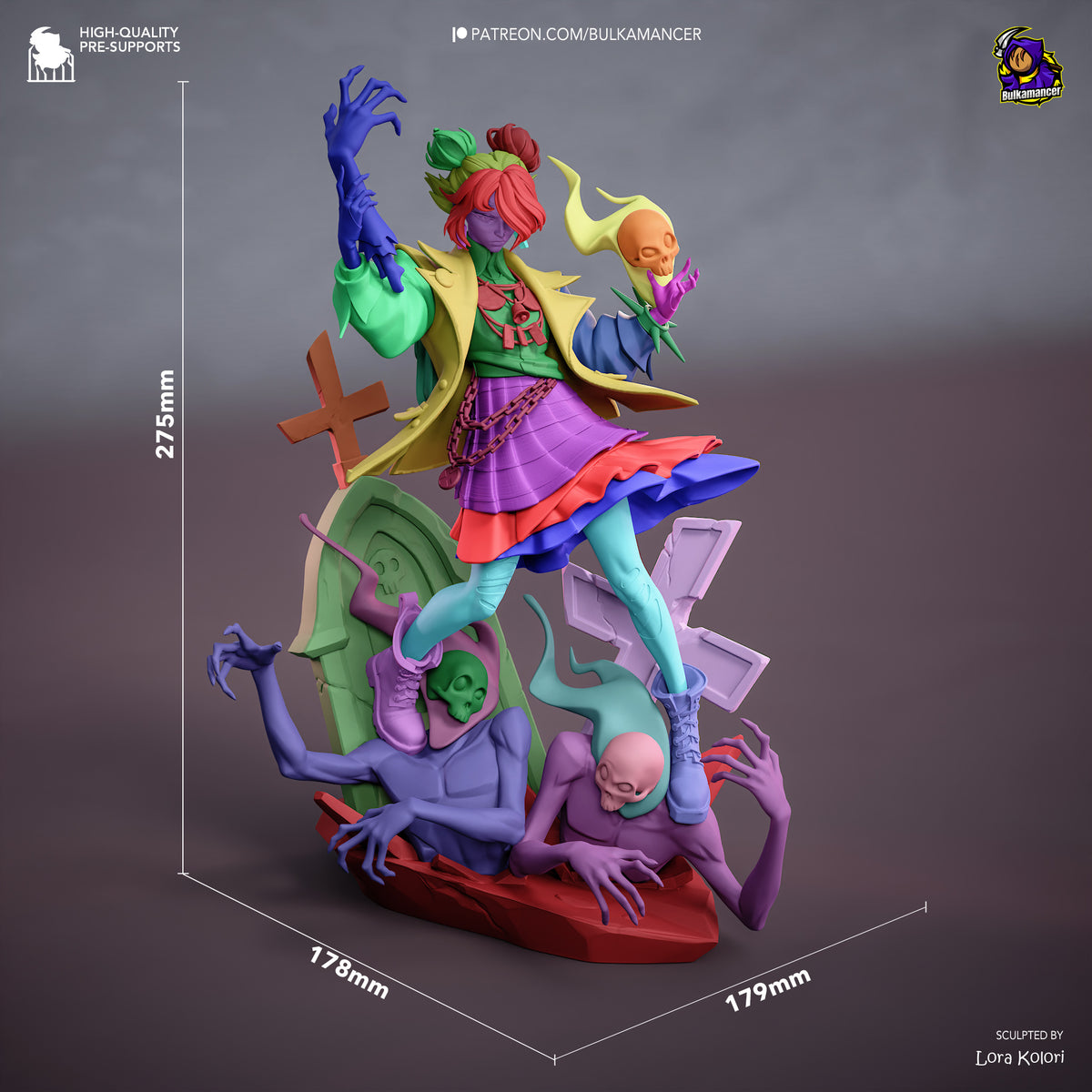 Graves from Deadlock resin figure is shown painted at three-quarter angle on a sculpted base beside scale marks.