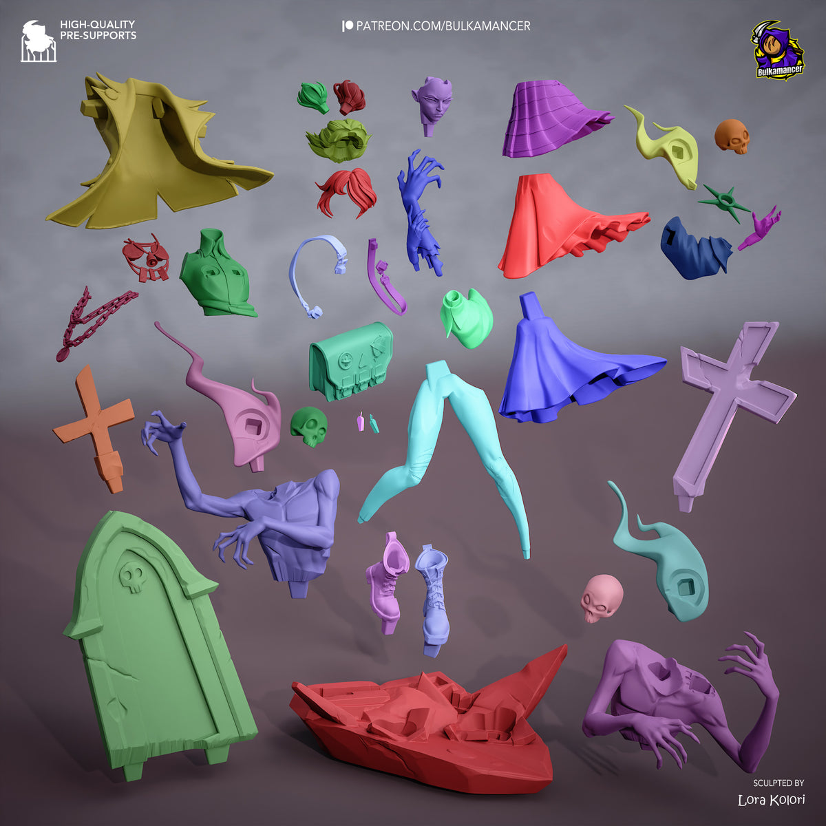 Deadlock Graves resin figure parts are arranged separately in varied colors, including clothing, hands, heads, and bases.