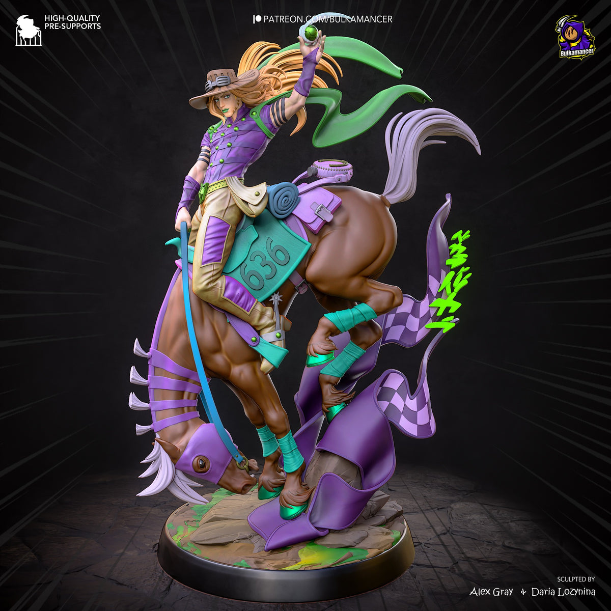 Gyro resin figure from Steel Ball Run, posed dynamically on horse with green scythe raised, vibrant purple and teal paint, detailed base, front three-quarter angle.