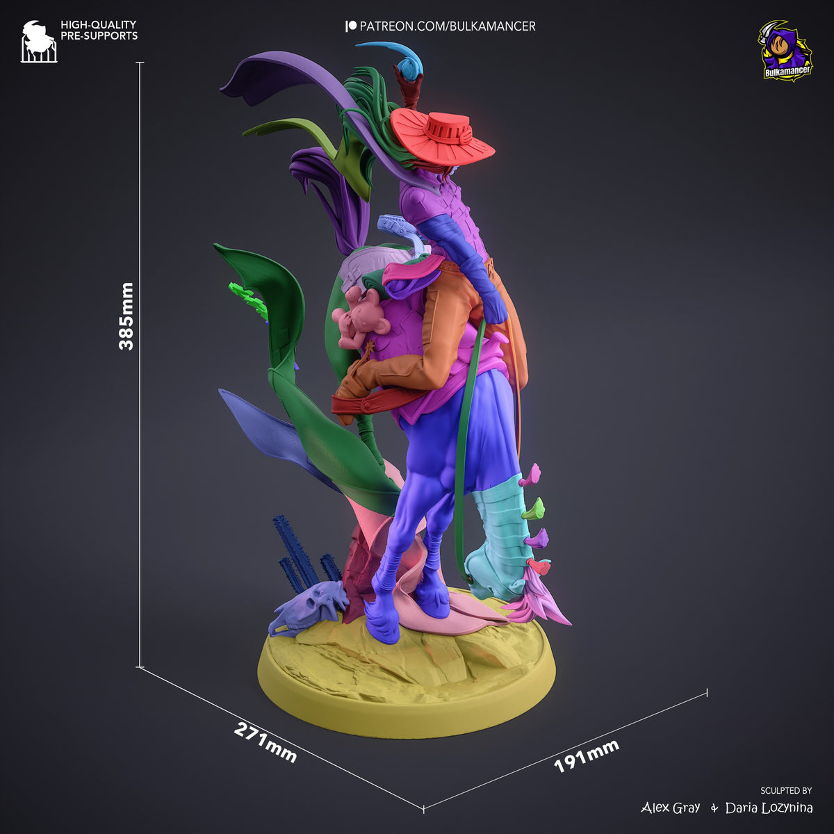 Gyro resin figure from Steel Ball Run shown at 385mm height, displaying vibrant multicolored painted details, dynamic pose with spinning balls and hat, on yellow base.