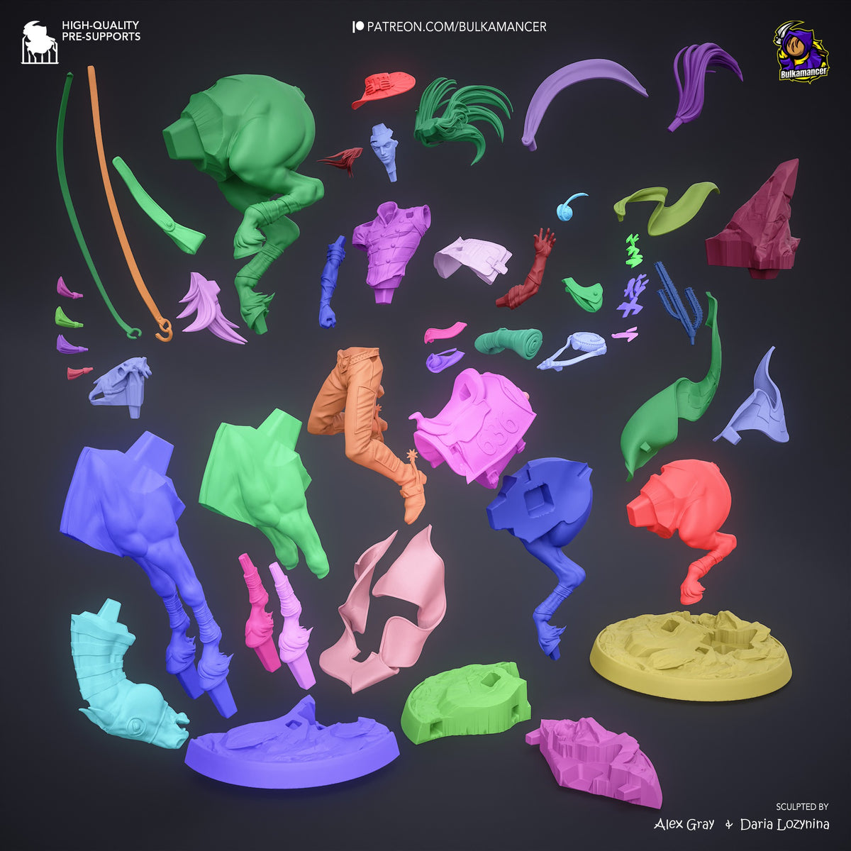 Colorful 3D printed resin figure parts for Gyro from Steel Ball Run, including limbs, torso, head, hair, clothing pieces, and base, arranged on dark background.
