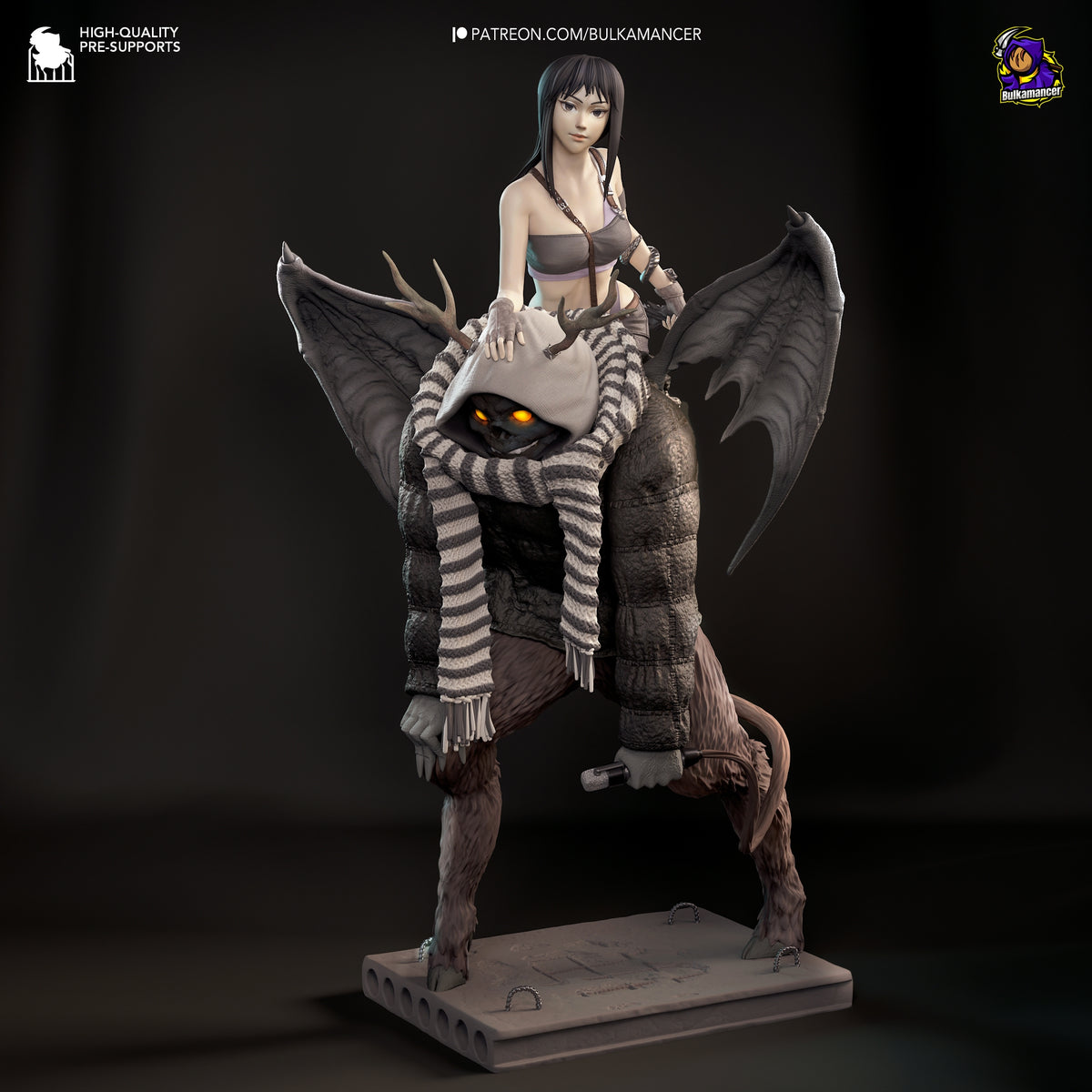 Front view shows painted Haru from Dorohedoro resin figure atop a winged creature on an unpainted sculpted base.