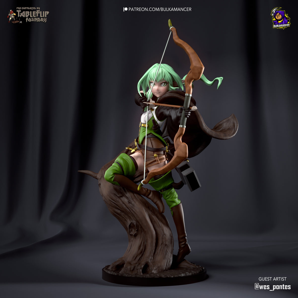 Painted Hi-Elf Archer from Goblin Slayer resin figure draws a bow on a tree base.
