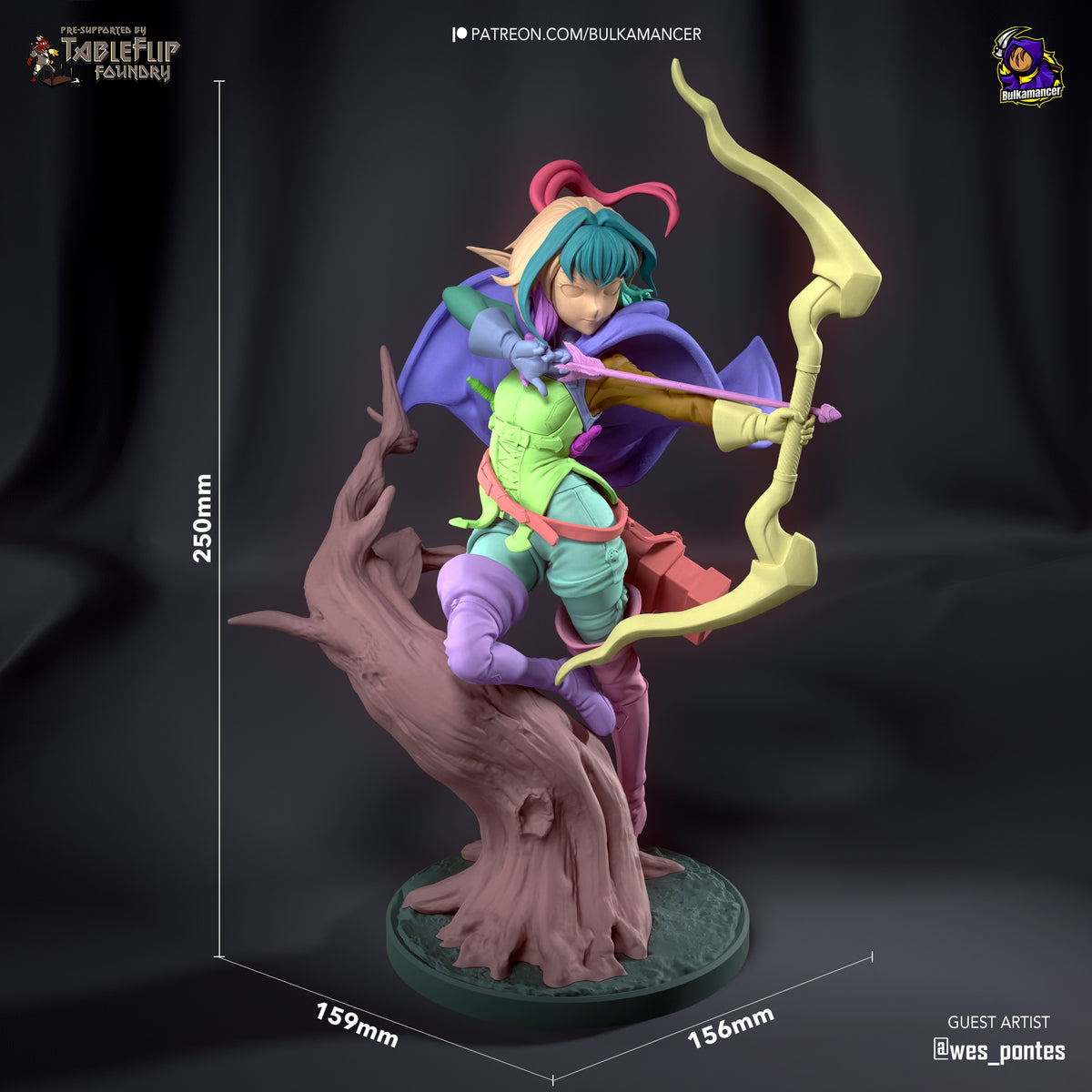 Hi-Elf Archer from Goblin Slayer is a painted resin figure, 250mm tall, drawing a bow while perched on a tree base.