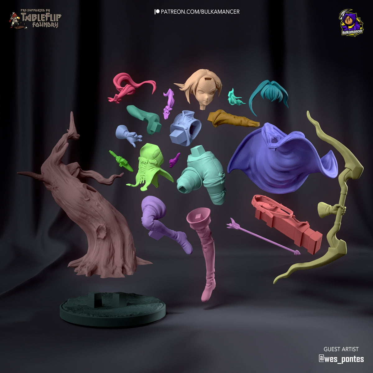 Hi-Elf Archer from Goblin Slayer resin figure parts float unpainted around a tree base.